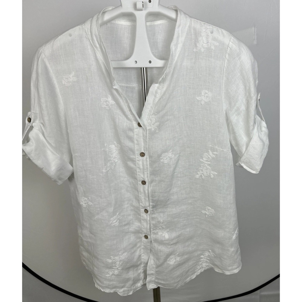 Italy White Button Down Shirt Women's Sz L Floral Embroidery 3/4 Roll Up Sleeves